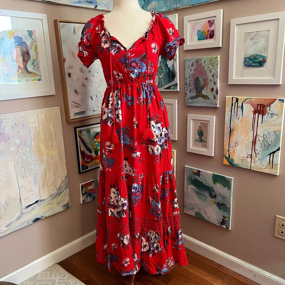 Band of Gypsies Red Cottagecore Floral Boho Maxi Dress Tassel Tie Festival XS